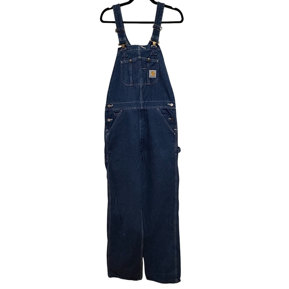 Carhartt Mens Large Denim Overalls Dark Wash Blue Carpenter Workwear Str leg